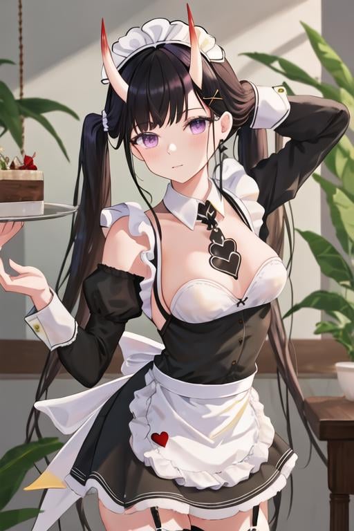 best quality, masterpiece, highres, solo, {noshiro_azurlane:1.15}, long_hair, horns, oni_horns, black_hair, purple_eyes, bangs, hair_ornament, hairclip, breasts, x_hair_ornament, serafuku, very_long_hair, 1girl, looking_at_viewer, maid, maid_headdress, official_alternate_costume, twintails, apron, dress, medium_breasts, white_apron, black_dress, detached_collar, maid_apron, bare_shoulders, detached_sleeves, thighhighs, blunt_bangs, garter_straps, heart