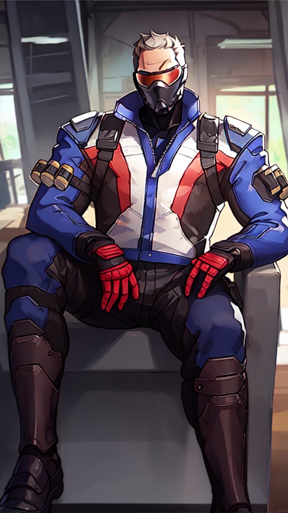 soldier76, indoor portrait, sitting, jacket, visor, picturesque