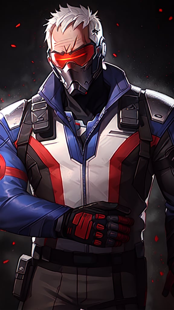 soldier76, gritty, dark background, dust particles, visor, jacket, holding pulse rifle, threatening, best quality, rugged