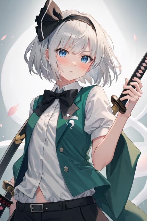 best quality, masterpiece, highres, solo, {konpaku_youmu_touhou:1.15}, short_hair, ribbon, hairband, black_hairband, hair_ribbon, black_ribbon, bangs, white_hair, vest, blue_eyes, green_vest, sword, katana, hitodama, bow, blush, upper_body, black_bow, grey_hair