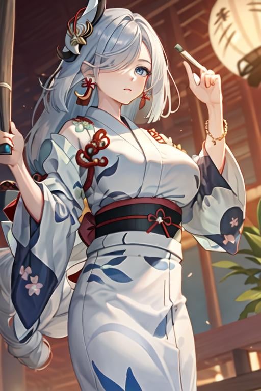 best quality, masterpiece, highres, solo, {yukata:1.40}, {kimono:1.20}, {shenhe_genshin:1.15}, long_hair, blue_eyes, bangs, hair_over_one_eye, breasts, hair_ornament, large_breasts, jewelry, grey_hair, white_hair, tassel, earrings, very_long_hair, braid, breast_curtain