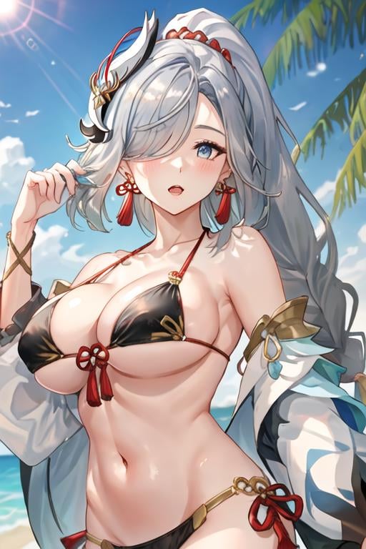 best quality, masterpiece, highres, solo, {shenhe_genshin:1.15}, long_hair, blue_eyes, bangs, hair_over_one_eye, breasts, hair_ornament, large_breasts, jewelry, grey_hair, white_hair, tassel, earrings, very_long_hair, braid, breast_curtain, 1girl, bikini, blue_sky, cloud, day, looking_at_viewer, outdoors, sky, swimsuit, tassel_earrings, bare_shoulders, black_bikini, cleavage, open_mouth, upper_body, blush, from_below, navel, open_clothes, ponytail, skindentation, stomach, underboob