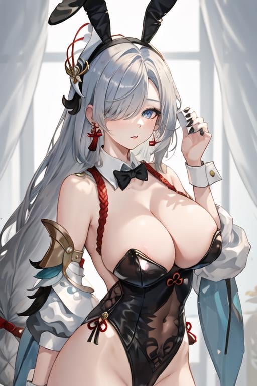 best quality, masterpiece, highres, solo, {shenhe_genshin:1.15}, long_hair, blue_eyes, bangs, hair_over_one_eye, breasts, hair_ornament, large_breasts, jewelry, grey_hair, white_hair, tassel, earrings, very_long_hair, braid, breast_curtain, 1girl, animal_ears, bare_shoulders, black_bow, black_bowtie, bow, bowtie, detached_collar, fake_animal_ears, looking_at_viewer, playboy_bunny, rabbit_ears, alternate_costume, cleavage, simple_background, wrist_cuffs, black_leotard, blue_nails, leotard, parted_lips