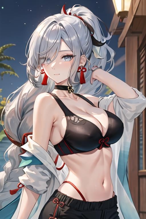 best quality, masterpiece, highres, solo, {shenhe_genshin:1.15}, long_hair, blue_eyes, bangs, hair_over_one_eye, breasts, hair_ornament, large_breasts, jewelry, grey_hair, white_hair, tassel, earrings, very_long_hair, braid, breast_curtain, 1girl, bare_shoulders, black_choker, choker, closed_mouth, looking_at_viewer, ponytail, sidelocks, alternate_costume, bare_arms, crop_top, midriff, night, pants, sky, sports_bra, alternate_hairstyle, cleavage, flower_knot, from_side, hair_ribbon, night_sky, red_ribbon, ribbon, sleeveless, upper_body