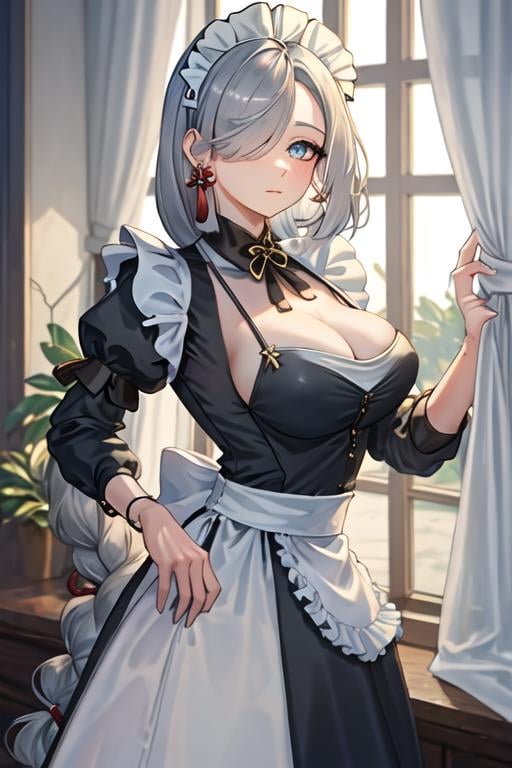 best quality, masterpiece, highres, solo, {maid:1.40}, {long maid dress:1.15}, {shenhe_genshin:1.15}, long_hair, blue_eyes, bangs, hair_over_one_eye, breasts, hair_ornament, large_breasts, jewelry, grey_hair, white_hair, tassel, earrings, very_long_hair, braid, breast_curtain