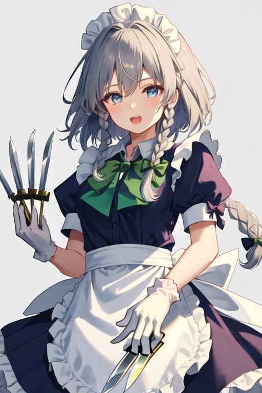 best quality, masterpiece, highres, solo, {izayoi_sakuya_touhou:1.15}, braid, twin_braids, maid_headdress, short_hair, maid, bow, grey_hair, hair_bow, bangs, blue_eyes, ribbon, hair_between_eyes, breasts, apron, upper_body, green_bow, white_hair, red_eyes, 1girl, blue_dress, dress, gloves, knife, looking_at_viewer, puffy_sleeves, simple_background, white_gloves, frills, holding, puffy_short_sleeves, short_sleeves, bowtie, green_bowtie, holding_knife, open_mouth, teeth, white_background
