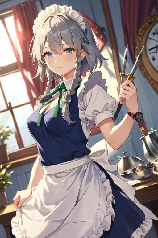 best quality, masterpiece, highres, solo, {izayoi_sakuya_touhou:1.15}, braid, twin_braids, maid_headdress, short_hair, maid, bow, grey_hair, hair_bow, bangs, blue_eyes, ribbon, hair_between_eyes, breasts, apron, upper_body, green_bow, white_hair, red_eyes, 1girl, blue_dress, dress, green_ribbon, holding, holding_knife, holding_weapon, knife, looking_at_viewer, maid_apron, medium_breasts, neck_ribbon, puffy_short_sleeves, puffy_sleeves, short_sleeves, weapon, frills, shirt, waist_apron, frilled_apron, white_apron, white_shirt, window, indoors, pocket_watch, watch