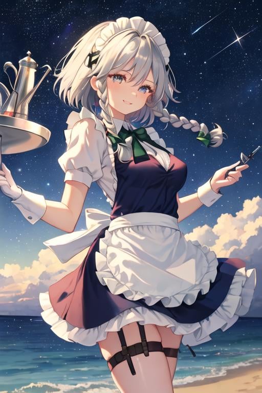 best quality, masterpiece, highres, solo, {night:1.10}, {starry sky:1.10}, beach, beautiful detailed sky, {extremely detailed background:1.20}, {izayoi_sakuya_touhou:1.15}, {standing:1.10}, looking at viewer, {bikini:1.30}, braid, twin_braids, maid_headdress, short_hair, maid, bow, grey_hair, hair_bow, bangs, blue_eyes, ribbon, hair_between_eyes, breasts, apron, upper_body, green_bow, white_hair, red_eyes, light smile