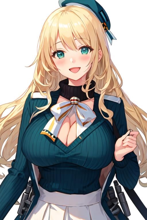 best quality, masterpiece, highres, solo, {atago_kantaicollection:1.15}, blonde_hair, long_hair, hat, breasts, blush, large_breasts, smile, beret, open_mouth, military, green_eyes, blue_eyes, 1girl, alternate_costume, looking_at_viewer, ribbed_sweater, sweater, turtleneck, upper_body, blue_headwear, long_sleeves