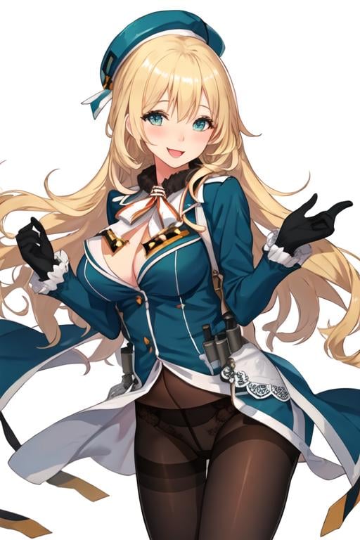 best quality, masterpiece, highres, solo, {atago_kantaicollection:1.15}, blonde_hair, long_hair, hat, breasts, blush, large_breasts, smile, beret, open_mouth, military, green_eyes, blue_eyes, 1girl, looking_at_viewer, military_uniform, uniform, gloves, pantyhose, black_gloves, black_pantyhose, white_background