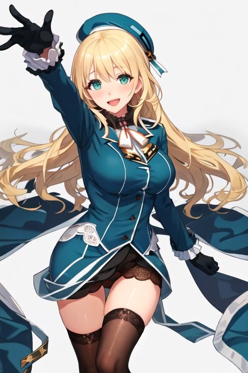 best quality, masterpiece, highres, solo, {atago_kantaicollection:1.15}, blonde_hair, long_hair, hat, breasts, blush, large_breasts, smile, beret, open_mouth, military, green_eyes, blue_eyes, 1girl, black_gloves, gloves, looking_at_viewer, uniform, military_uniform