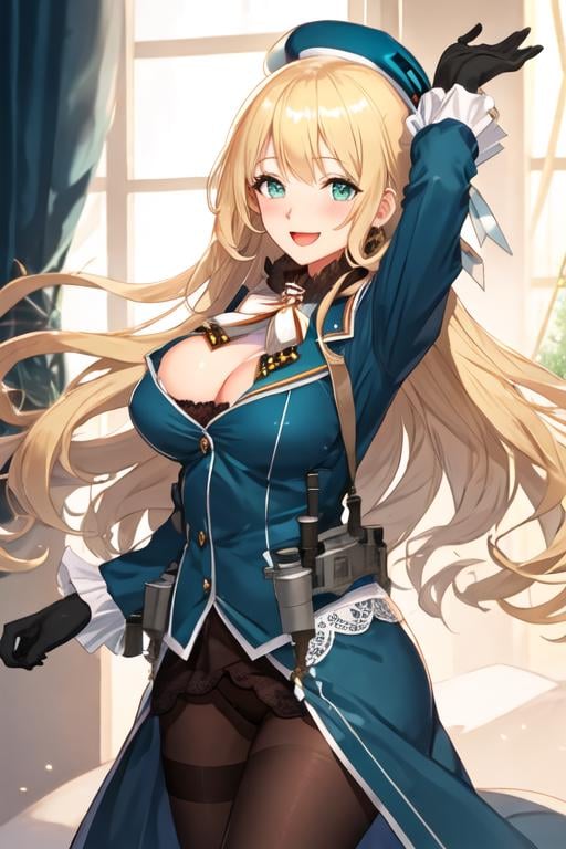 best quality, masterpiece, highres, solo, {atago_kantaicollection:1.15}, blonde_hair, long_hair, hat, breasts, blush, large_breasts, smile, beret, open_mouth, military, green_eyes, blue_eyes, 1girl, black_gloves, gloves, looking_at_viewer, military_uniform, uniform, heart