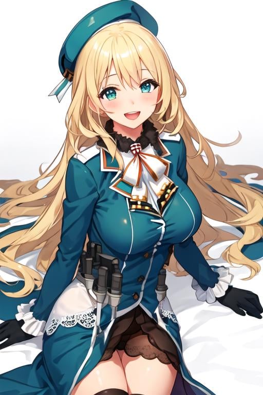 best quality, masterpiece, highres, solo, {atago_kantaicollection:1.15}, blonde_hair, long_hair, hat, breasts, blush, large_breasts, smile, beret, open_mouth, military, green_eyes, blue_eyes