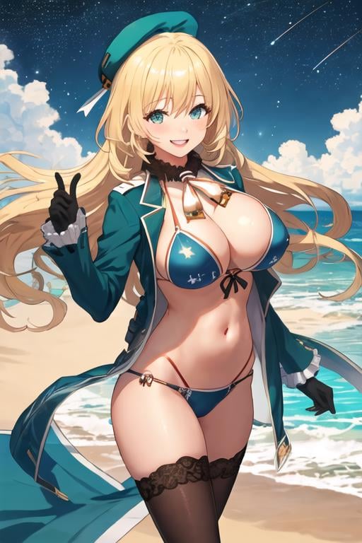 best quality, masterpiece, highres, solo, {night:1.10}, {starry sky:1.10}, beach, beautiful detailed sky, {extremely detailed background:1.20}, {atago_kantaicollection:1.15}, {standing:1.10}, looking at viewer, {bikini:1.30}, blonde_hair, long_hair, hat, breasts, blush, large_breasts, smile, beret, open_mouth, military, green_eyes, blue_eyes, light smile