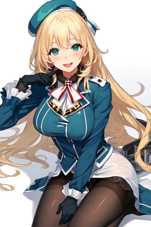 best quality, masterpiece, highres, solo, {atago_kantaicollection:1.15}, blonde_hair, long_hair, hat, breasts, blush, large_breasts, smile, beret, open_mouth, military, green_eyes, blue_eyes, 1girl, black_gloves, gloves, looking_at_viewer, military_uniform, uniform, pantyhose