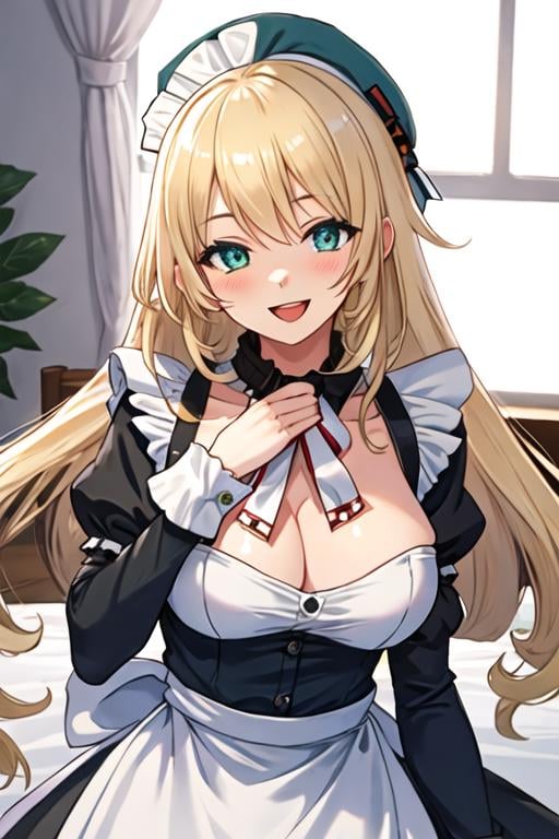 best quality, masterpiece, highres, solo, {maid:1.40}, {long maid dress:1.15}, {atago_kantaicollection:1.15}, blonde_hair, long_hair, hat, breasts, blush, large_breasts, smile, beret, open_mouth, military, green_eyes, blue_eyes