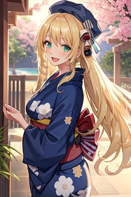 best quality, masterpiece, highres, solo, {yukata:1.40}, {kimono:1.20}, {atago_kantaicollection:1.15}, blonde_hair, long_hair, hat, breasts, blush, large_breasts, smile, beret, open_mouth, military, green_eyes, blue_eyes