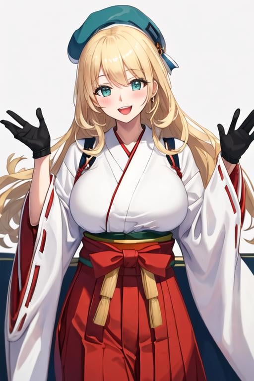 best quality, masterpiece, highres, solo, {white kimono:1.35}, {red hakama:1.35}, {wide sleeves:1.20}, {atago_kantaicollection:1.15}, blonde_hair, long_hair, hat, breasts, blush, large_breasts, smile, beret, open_mouth, military, green_eyes, blue_eyes