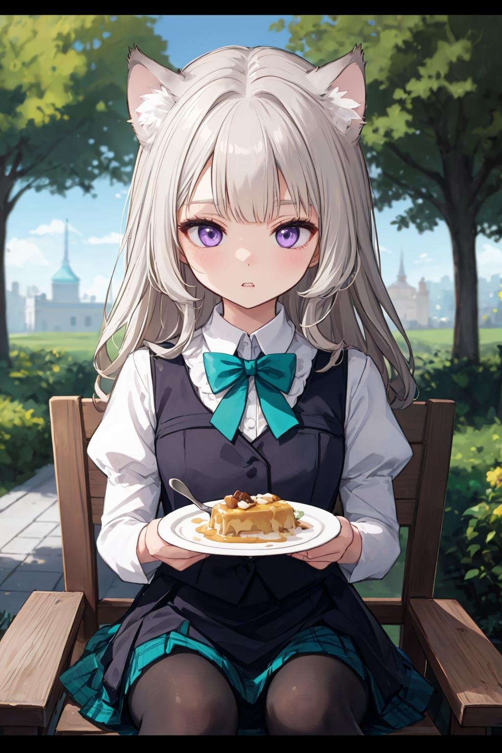 masterpiece, best quality, solo, 1girl, (closeup, portrait:1.5), parted lips, (sitting on a garden chair, garden table, white house, trees, holding up a plate of custard pudding, looking down at food, eating with a spoon, facing camera, straight-on:1.5), french town, outdoors, <lora:Genshin_Little_Lynette_v3-000055:0.5>, long hair, long sleeves, black dress, black vest, collared shirt, teal bow, cat ears, parted lips, purple eyes, cat tail, grey hair, grey pantyhose, black loafers, puffy sleeves, bowtie, plaid skirt, pleated skirt, black skirt, teal skirt, pov