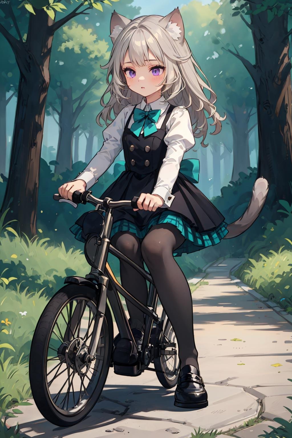 masterpiece, best quality, solo, 1girl, full body, expressionless, parted lips, (riding a tricycle:1.3), holding handlebars, outdoors, forest path, trees, <lora:Genshin_Little_Lynette_v2-000360:0.6>, long hair, long sleeves, black dress, black vest, collared shirt, teal bow, cat ears, parted lips, purple eyes, cat tail, (white hair:1.3), grey pantyhose, black loafers, puffy sleeves, bowtie, plaid skirt, pleated skirt, black skirt, teal skirt