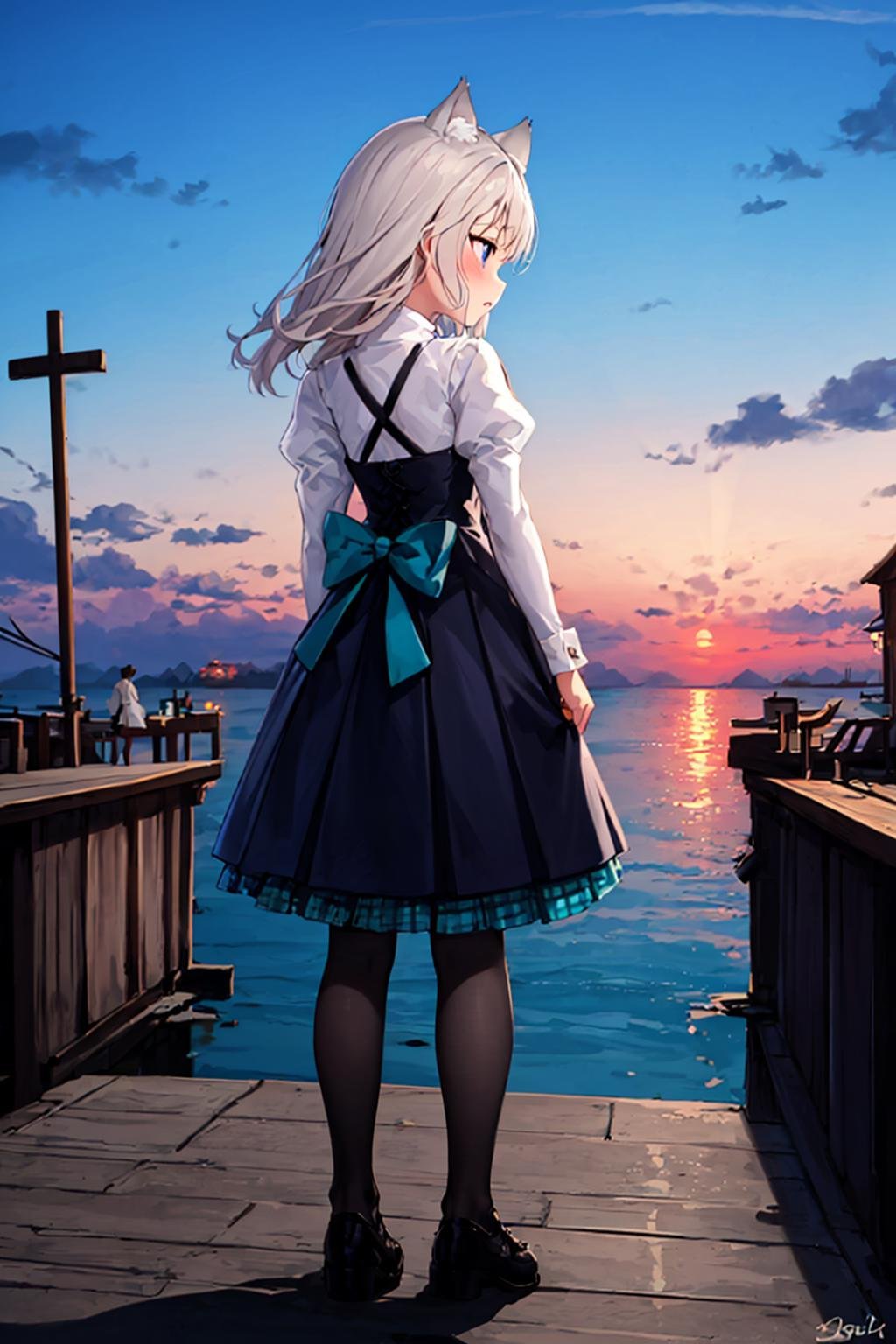 masterpiece, best quality, solo, 1girl, (beautiful sky, full body:1.5), expressionless, french town, outdoors, <lora:Genshin_Little_Lynette_v3-000055:0.65:lbw=MIDD>, (long hair, windy:1.5), long sleeves, black dress, black vest, collared shirt, cat ears, parted lips, purple eyes, cat tail under skirt, waist back bow, grey hair, grey pantyhose, black loafers, puffy sleeves, plaid skirt, pleated skirt, black skirt, teal skirt, (cross straps:1.2), from behind, back, (ocean, wharf, dock:1.5), (from below:1.2),