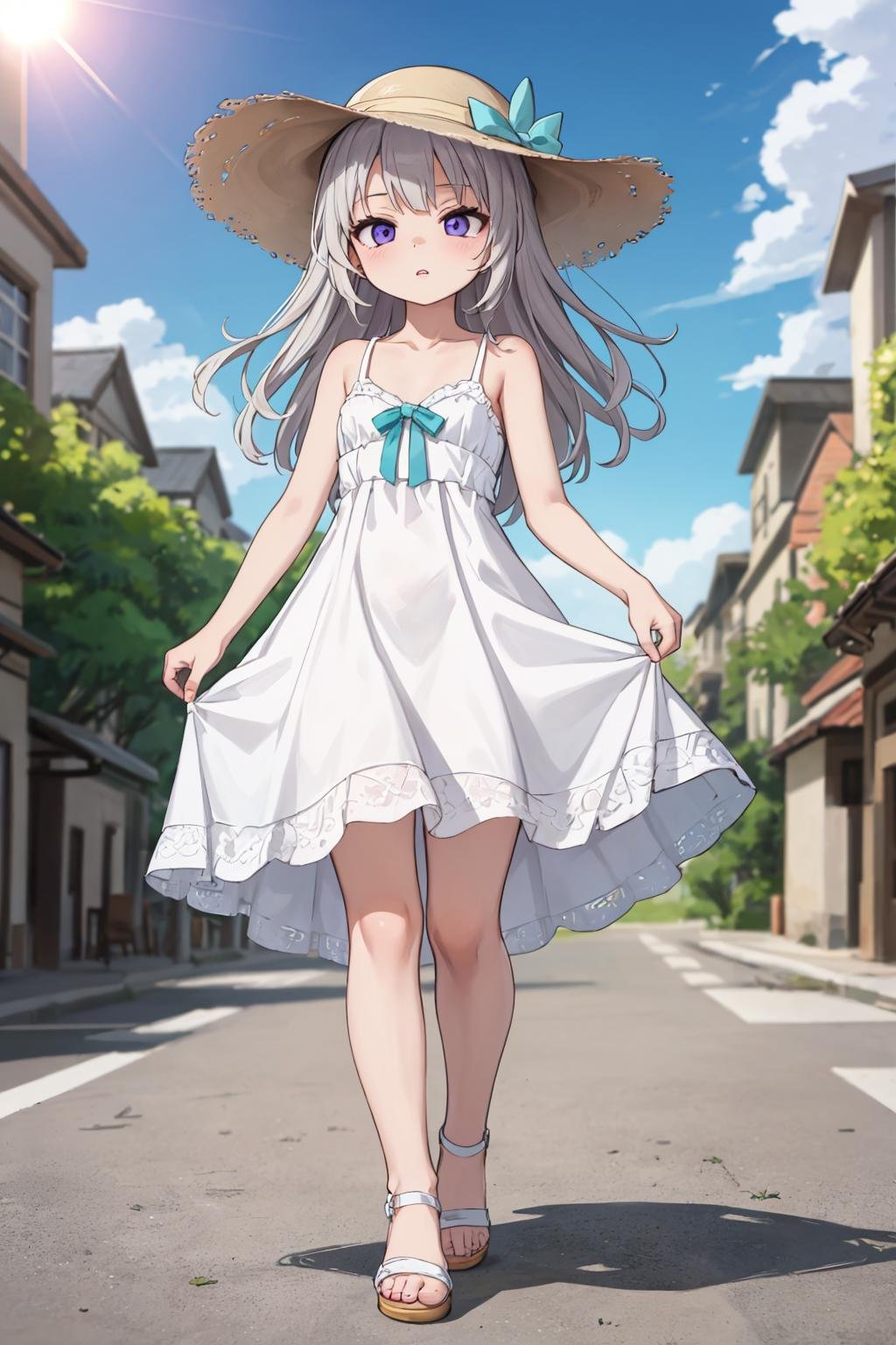 masterpiece, best quality, (solo, full body:1.5), 1girl, walking through town, <lora:Genshin_Little_Lynette_v3-000055:0.4> long hair, parted lips, purple eyes, cat tail, grey hair, bare legs, (white sandals, white summer dress, white skirt, bare shoulders, collarbone, sun hat:1.5), teal ribbon, skirt tug,