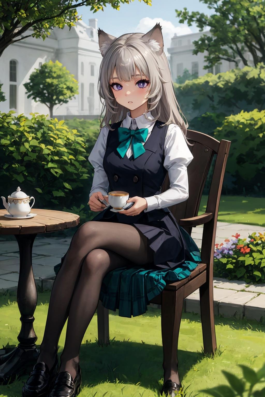 masterpiece, best quality, solo, 1girl, (full body, legs crossed:1.5), parted lips, (sitting on a garden chair, garden table, white house, trees, holding a tea cup, plate of biscuits, knees_together_feet_apart, facing camera, straight-on:1.5), french town, outdoors, <lora:Genshin_Little_Lynette_v3-000055:0.5>, long hair, long sleeves, black dress, black vest, collared shirt, teal bow, cat ears, parted lips, purple eyes, cat tail, grey hair, grey pantyhose, black loafers, puffy sleeves, bowtie, plaid skirt, pleated skirt, black skirt, teal skirt, pov