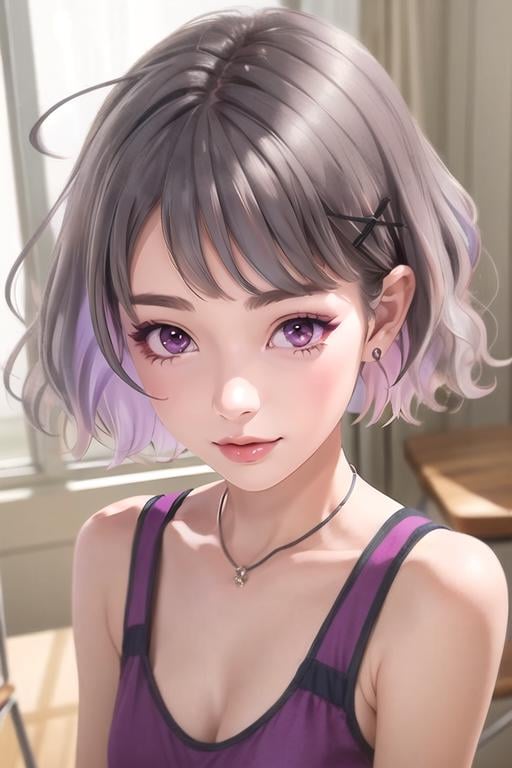 (best quality:1.1), (masterpiece:1.4), , 1girl, solo, looking at viewer, , depth of field, (watercolor illustration, soft pastel colors:1.1), realistic, <lora:akari_tanikita:1>, akari_tanikita, grey hair, purple eyes, short hair, , hair ornament, hairclip, satin, , ,