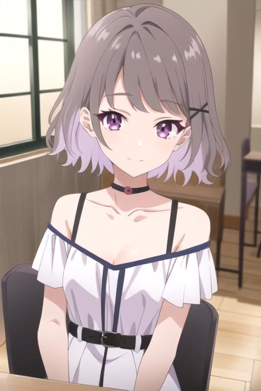 (best quality:1.1), (masterpiece:1.4), wallpaper, 1girl, solo, looking at viewer, , , anime coloring, , <lora:akari_tanikita:0.9>, akari_tanikita, grey hair, purple eyes, short hair, multicolored hair, , hairclip, , , 2k resolution