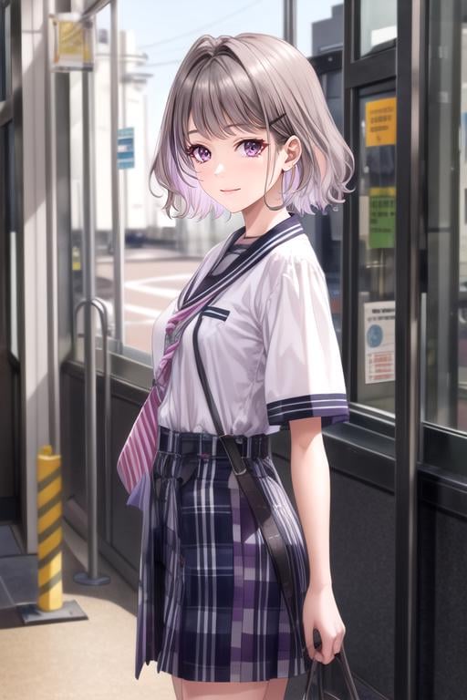 (best quality:1.1), (masterpiece:1.4), movie still, 1girl, solo, looking at viewer, , , , realistic, <lora:akari_tanikita:0.82>, akari_tanikita, grey hair, purple eyes, short hair, , , hairclip, graduation costume, science fiction soft science fiction,