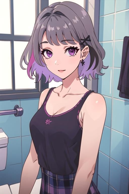 (best quality:1.1), (masterpiece:1.4), movie still, 1girl, solo, looking at viewer, upper body, depth of field, , realistic, <lora:akari_tanikita:0.82>, akari_tanikita, grey hair, purple eyes, short hair, multicolored hair, hair ornament, hairclip, , bathroom,