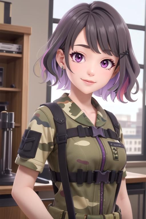 (best quality:1.1), (masterpiece:1.4), wallpaper, 1girl, solo, , upper body, , , , <lora:akari_tanikita:0.82>, akari_tanikita, grey hair, purple eyes, short hair, multicolored hair, , , camo costume, science fiction steam punk, HD-DVD