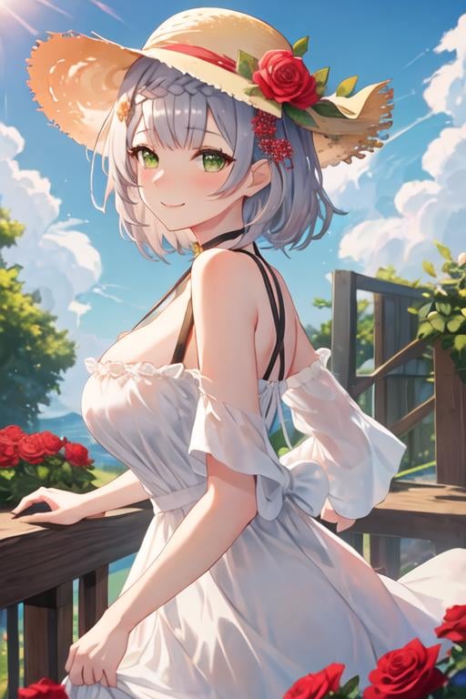 best quality, masterpiece, highres, solo, {noelle_genshin:1.15}, bangs, green_eyes, grey_hair, breasts, braid, blush, short_hair, smile, cleavage, large_breasts, hair_ornament, flower, hair_flower, virtual_youtuber, upper_body, wavy_hair, 1girl, bare_shoulders, blue_sky, closed_mouth, outdoors, red_flower, rose, sky, white_hair, cloud, day, looking_at_viewer, red_rose, dress, from_side, hat, hat_flower, straw_hat, sun_hat