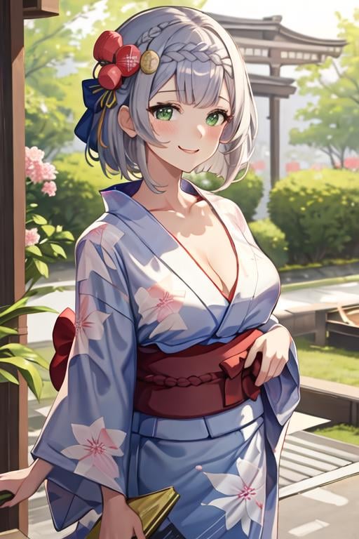 best quality, masterpiece, highres, solo, {yukata:1.40}, {kimono:1.20}, {noelle_genshin:1.15}, bangs, green_eyes, grey_hair, breasts, braid, blush, short_hair, smile, cleavage, large_breasts, hair_ornament, flower, hair_flower, virtual_youtuber, upper_body, wavy_hair