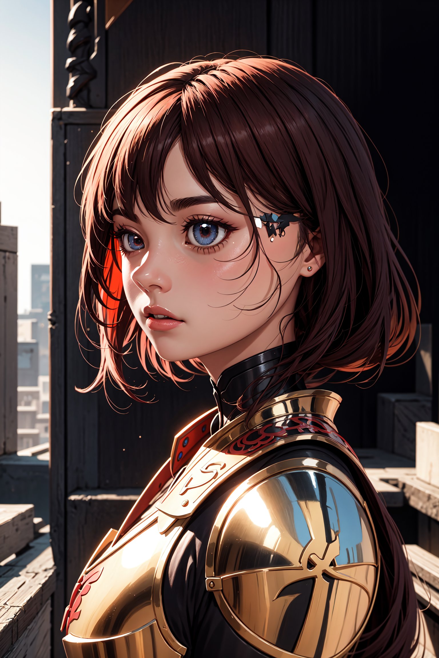 half body shot, 1girl, pureerosface_v1, red samurai armor, minimalism, cybercity background, Fisheyes, masterpieces, top quality, best quality, official art, beautiful and aesthetic, animation, from side, BJ_Oil_painting, ,4esthet1c,fate/stay background