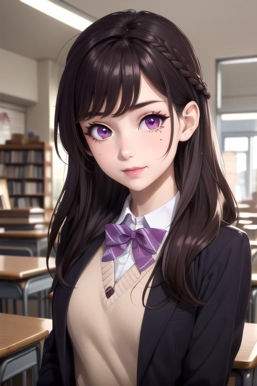 (best quality:1.1), (masterpiece:1.4), wallpaper, 1girl, solo, looking at viewer, , , , , <lora:maria_kurose:0.76>, maria_kurose, brown hair, purple eyes, long hair, braid, , bow, school uniform, , , , bookstore, 8k resolution