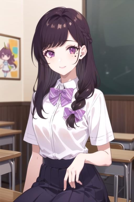 (best quality:1.1), (masterpiece:1.4), illustration, 1girl, solo, , , , anime coloring, realistic, <lora:maria_kurose:0.9>, maria_kurose, brown hair, purple eyes, long hair, braid, white shirt, bow, school uniform, mole under eye, , doll costume, The Kingdom of the Unicorn,