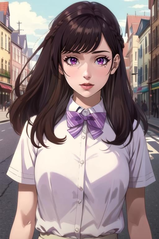 (best quality:1.1), (masterpiece:1.4), wallpaper, 1girl, solo, , , , , realistic, <lora:maria_kurose:0.94>, maria_kurose, brown hair, purple eyes, long hair, , , , , , bowtie, , floating city, 8k resolution