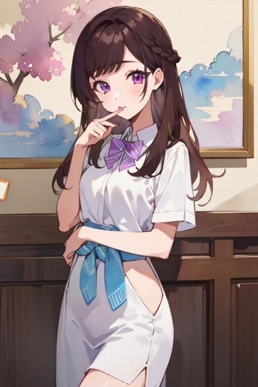 (best quality:1.1), (masterpiece:1.4), wallpaper, 1girl, solo, looking at viewer, , , (watercolor illustration, soft pastel colors:1.1), , <lora:maria_kurose:0.82>, maria_kurose, brown hair, purple eyes, long hair, , white shirt, , school uniform, , , oriental costume, ,