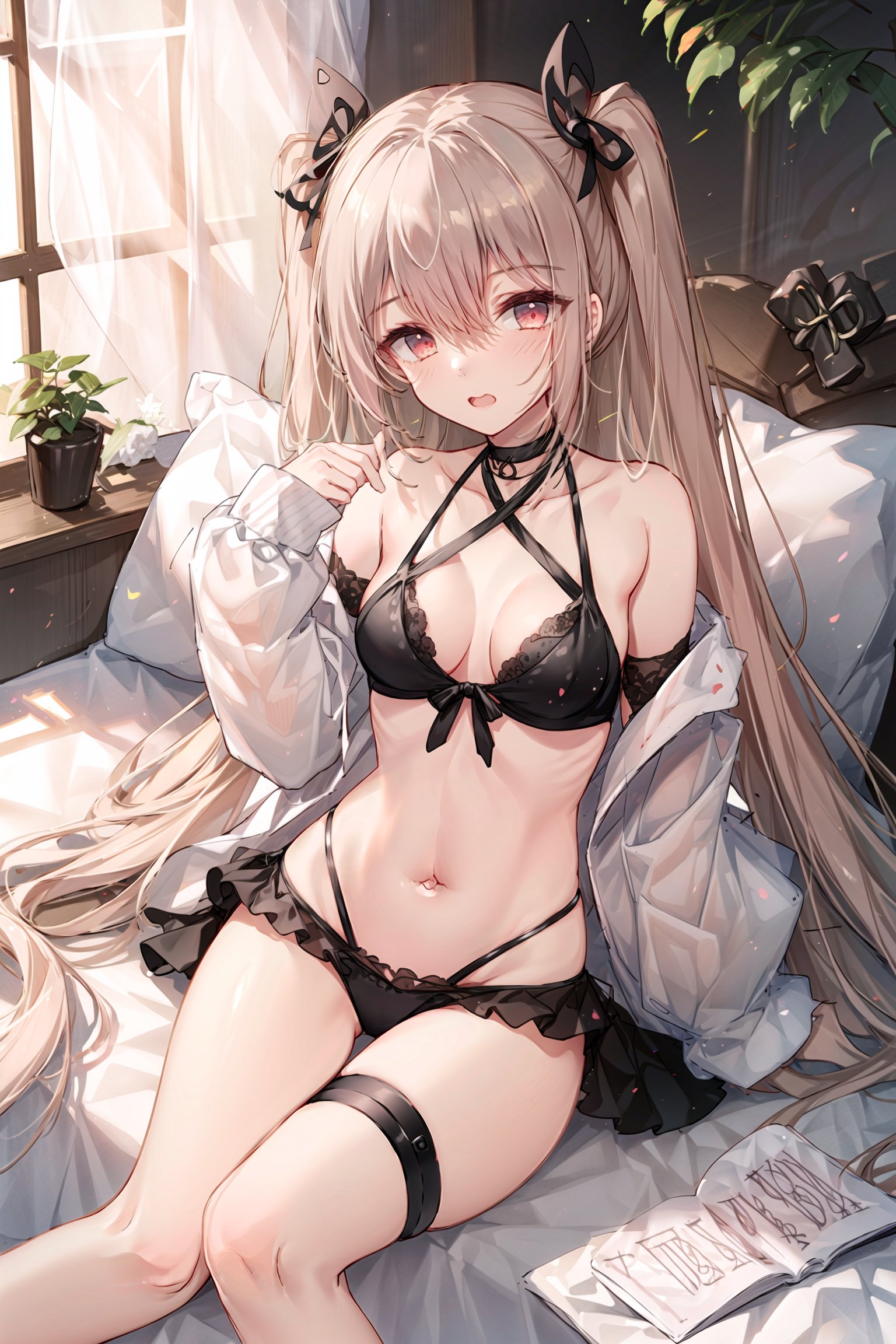 1girl, solo, pink hair, twintails, long hair, navel, swimsuit, heart hair ornament, pink eyes, bikini, hair ornament, thigh strap, looking at viewer, sitting, breasts, black bikini, heart o-ring, heart, very long hair, braid, choker, small breasts, bow, black choker, blush, pillow, bangs, hairclip, open mouth, hand up, stomach