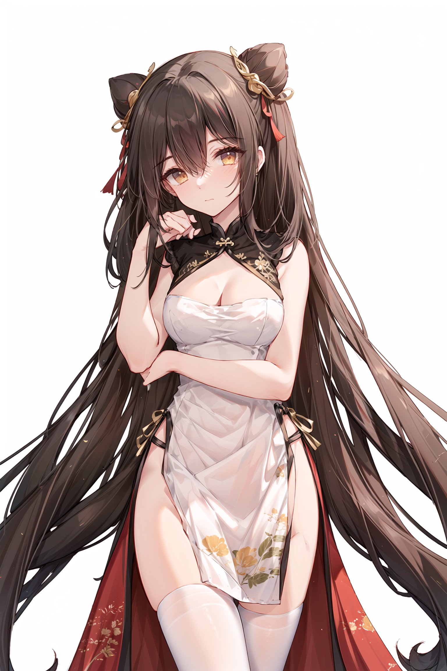  1girl, solo, breasts, dress, thighhighs, cleavage, long hair, china dress, chinese clothes, white dress, white hair, looking at viewer, hair ornament, cleavage cutout, clothing cutout, black thighhighs, white background, sleeveless, simple background, sleeveless dress, braid, closed mouth, cowboy shot, large breasts, hair bun, hand in own hair, hand up, pelvic curtain, side slit, brown eyes, bangs, standing, bare arms, floral print, ribbon, red ribbon, thighs, print dress, single hair bun, jewelry, earrings, hair between eyes, bare shoulders, thigh strap, hair ribbon, gold trim, expressionless, slender legs,