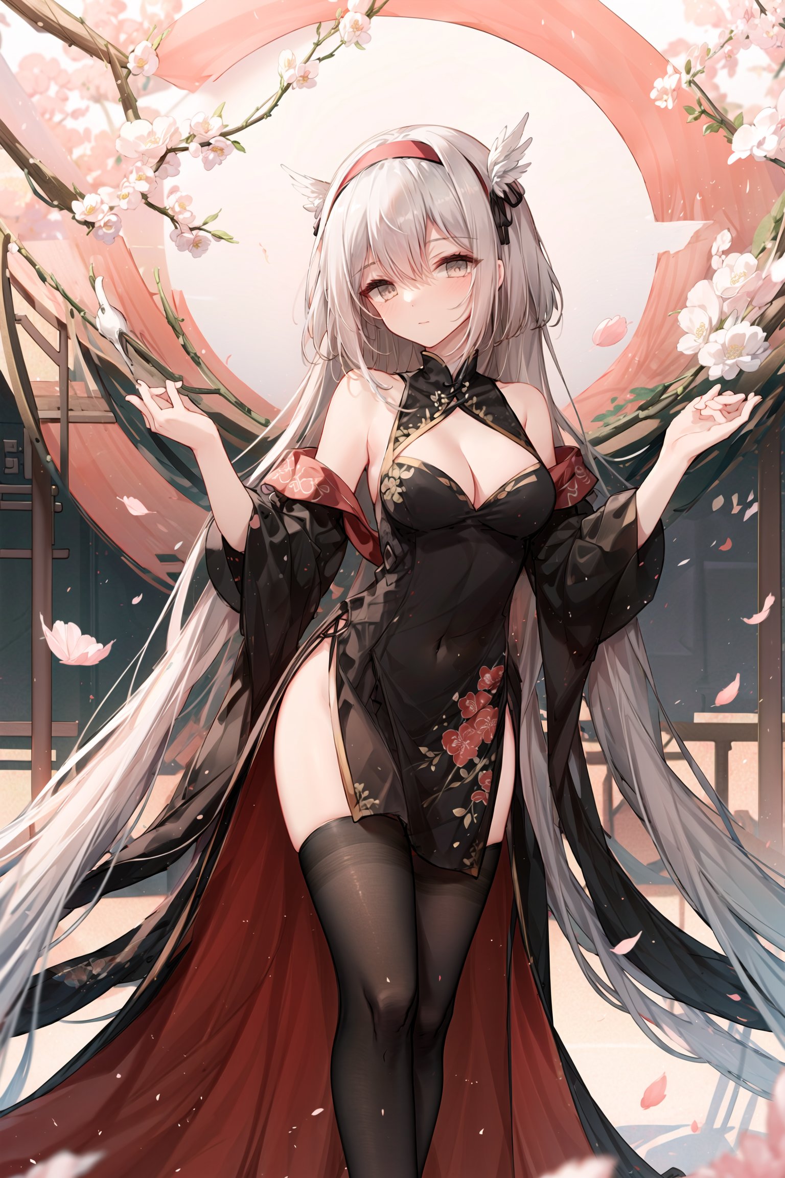  , 1girl, breasts, thighhighs, solo, cleavage, bird, umbrella, dress, white thighhighs, feather boa, hairband, looking at viewer, oil-paper umbrella, pelvic curtain, long hair, black dress, grey eyes, holding, braid, large breasts, outdoors, china dress, chinese clothes, holding umbrella, cleavage cutout, leaning forward, bare shoulders, white hair, standing, black hairband, sleeveless, bangs, closed mouth, clothing cutout, sleeveless dress, water, thighs, petals, flower, red umbrella, cherry blossoms,slender legs,