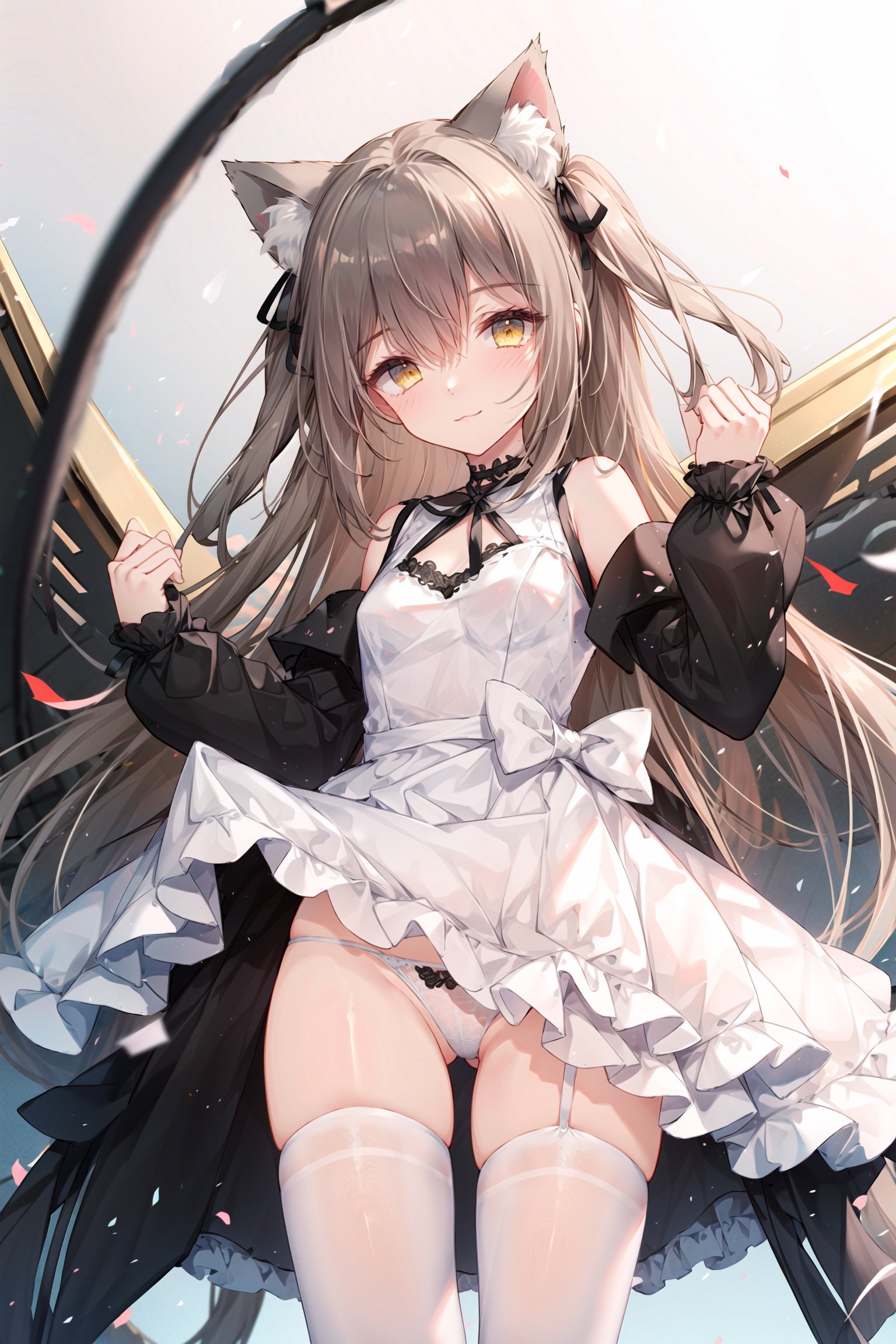 1girl, underwear, panties, animal ears, solo, thighhighs, cat ears, dress, tail, cat tail, garter straps, clothes lift, yellow eyes, lifted by self, white thighhighs, long hair, looking at viewer, ribbon, white dress, dress lift, hair ribbon, black ribbon, cat girl, bangs, bow, blurry, frills, blurry background, long sleeves, smile, from below, closed mouth, breasts, two side up, tail ornament, blush, green panties, frilled dress, black bow, standing, :3, choker, thighs, animal ear fluff, clothing cutout, small breasts, cowboy shot, tail bow, white hair, depth of field, slender legs, 