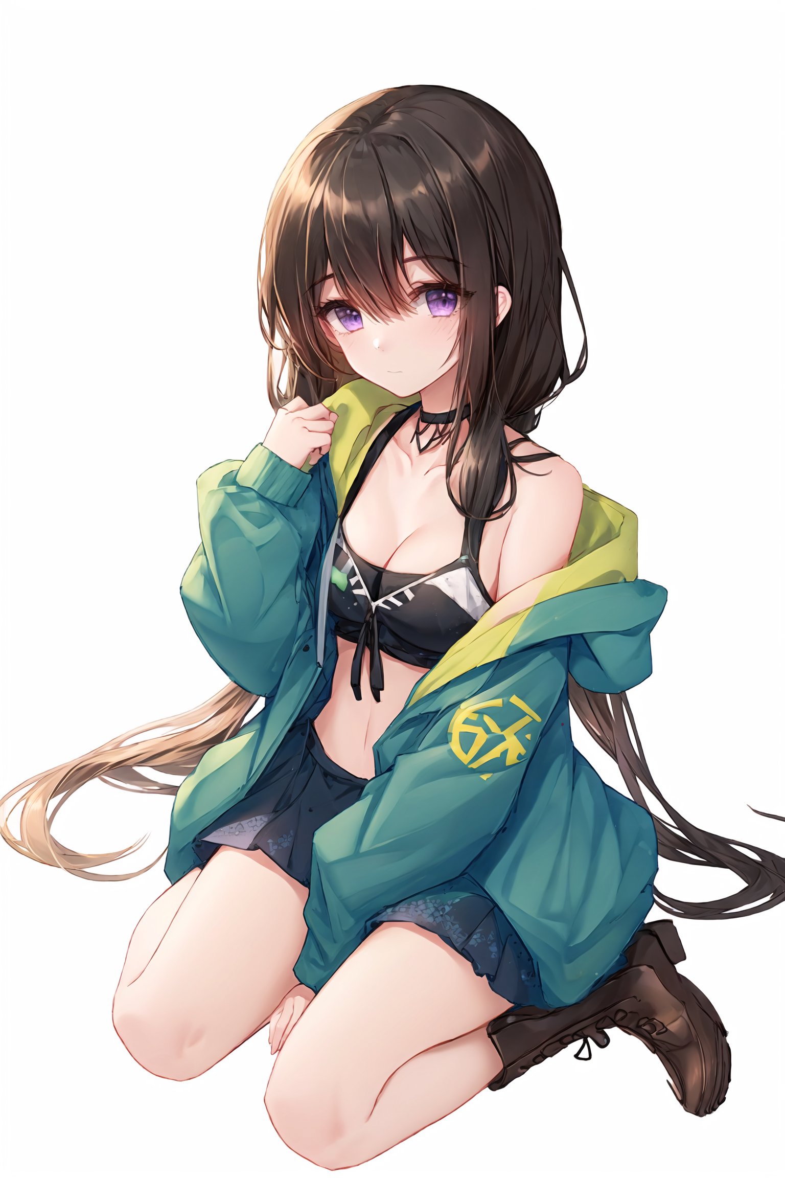  1girl, solo, virtual youtuber, long hair, purple eyes, black hair, black choker, sitting, choker, jacket, hood, looking at viewer, boots, long sleeves, white hoodie, between legs, multicolored hair, hair between eyes, open clothes, hand between legs, hoodie, green jacket, bangs, hood down, open jacket, breasts, cleavage, off shoulder, brown footwear, closed mouth, drawstring, knee up, collarbone, white background, Hermes