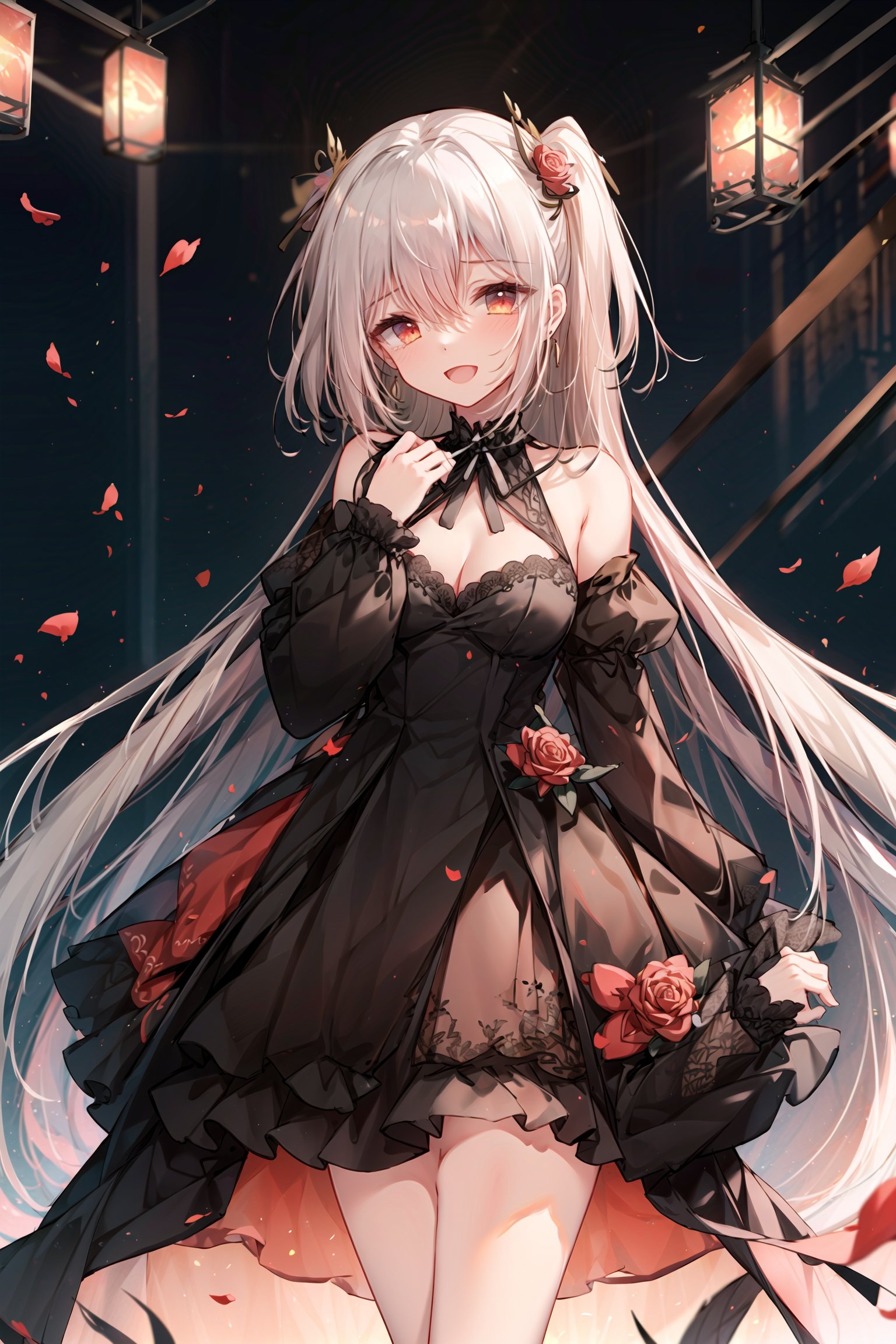 1girl, red eyes, solo, breasts, long hair, dress, petals, looking at viewer, rose, red rose, flower, detached sleeves, bare shoulders, open mouth, black dress, smile, bangs, hair ornament, red flower, earrings, white hair, jewelry, long sleeves, cleavage, hair between eyes, hand on own chest, :d, puffy sleeves, cowboy shot, bow, skirt, rose petals, black bow, tears, slender legs, 