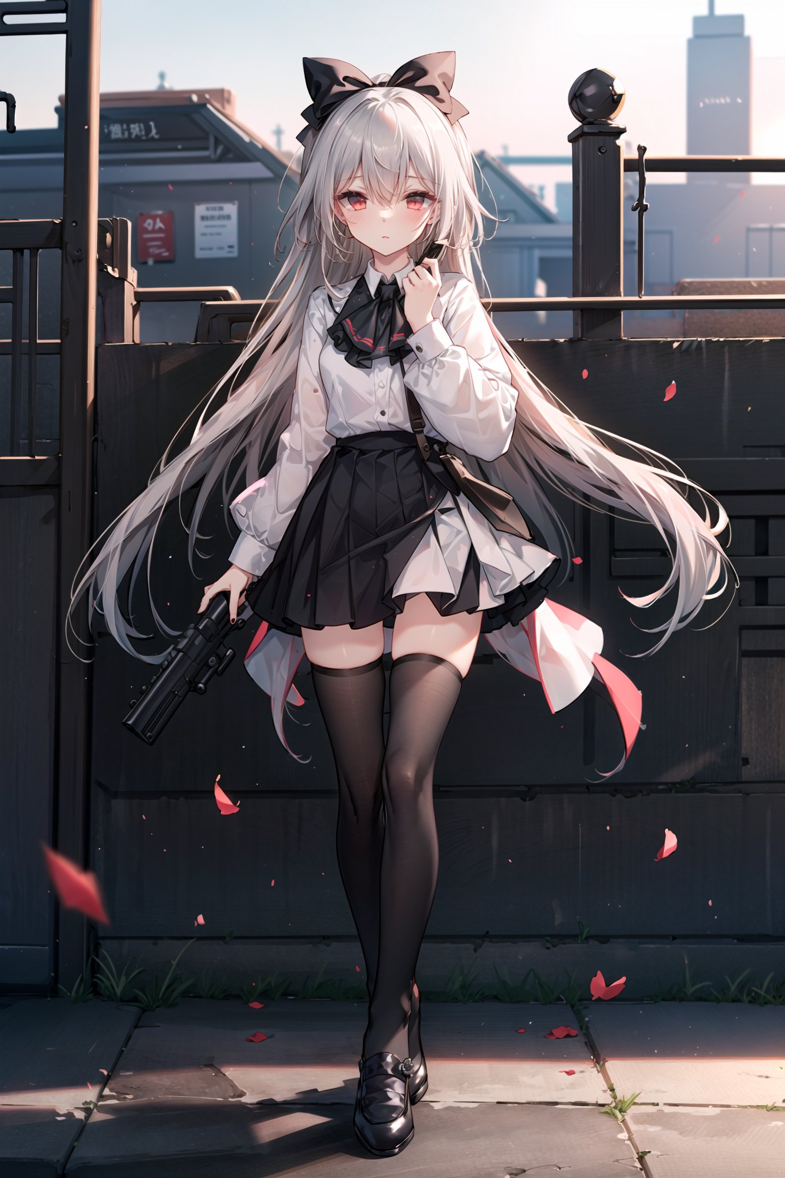 1girl, solo, black skirt, skirt, white shirt, long hair, shirt, holding, thighhighs, gun, very long hair, flower, weapon, black footwear, rose, shoes, white thighhighs, red eyes, long sleeves, holding gun, holding weapon, rifle, white flower, bangs, butterfly, standing, collared shirt, hand up, red flower, jewelry, bug, bow, hair between eyes, full body, braid, closed mouth, black bow, white rose, loafers, looking at viewer, breasts, hair bow, pleated skirt, earrings, white hair, ascot, red rose, high-waist skirt, dress shirt, petals, medium breasts, black ascot, sniper rifle, pink flower, parted lips, nail polish, blush, outdoors, animal, black nails, slender legs,