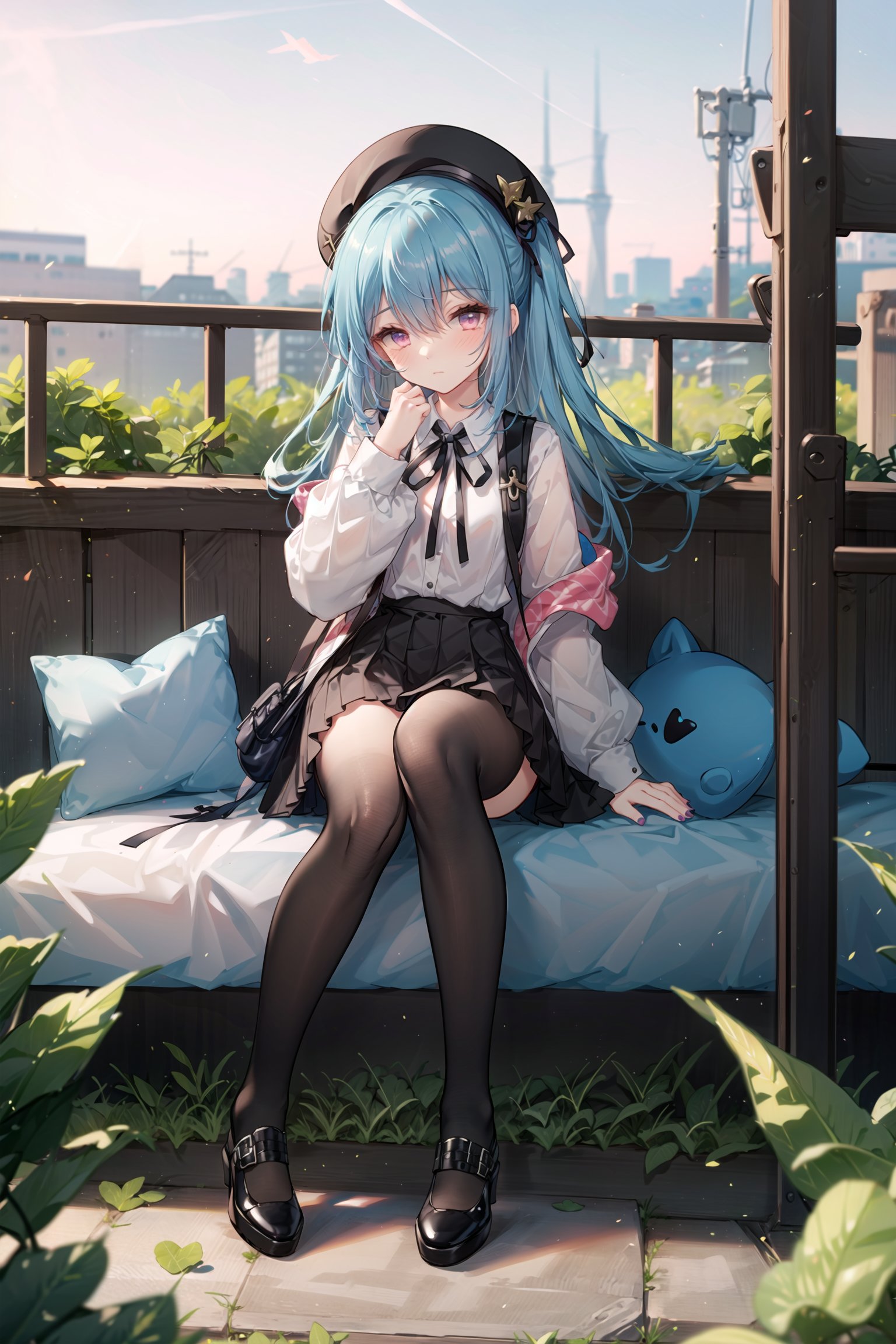  1girl, solo, blue hair, hat, socks, sitting, white socks, blush, long hair, bag, white shirt, shirt, long sleeves, ribbon, black headwear, bangs, looking at viewer, skirt, outdoors, blurry, backpack, shoes, hair ornament, blurry background, full body, hair ribbon, nail polish, closed mouth, black skirt, white footwear, blue nails, beret, light blue hair, frills, jirai kei, knees up, leaf, virtual youtuber, hair between eyes, between legs, purple eyes, tearing up, hairclip, pink eyes, neck ribbon, slender legs,