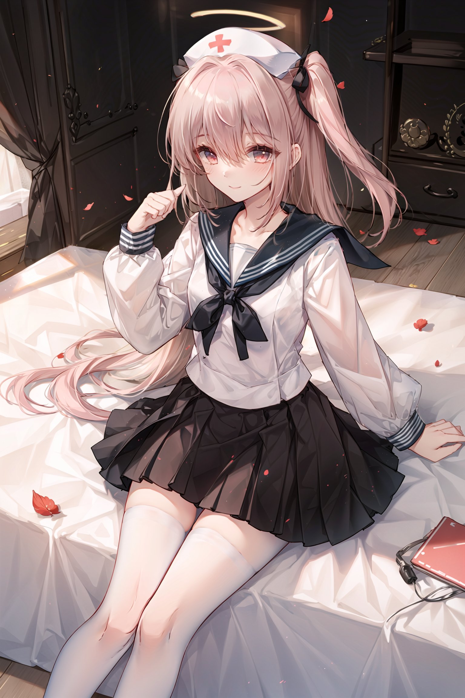 1girl, pink hair, skirt, solo, looking at viewer, white pantyhose, pantyhose, long sleeves, halo, nurse cap, hat, pleated skirt, pink eyes, smile, black skirt, bangs, closed mouth, frilled skirt, blush, frills, sailor collar, petals, school uniform, hair ribbon, ribbon, arm up, sitting, collarbone, white headwear, bag, bow, hair between eyes, slender legs, 