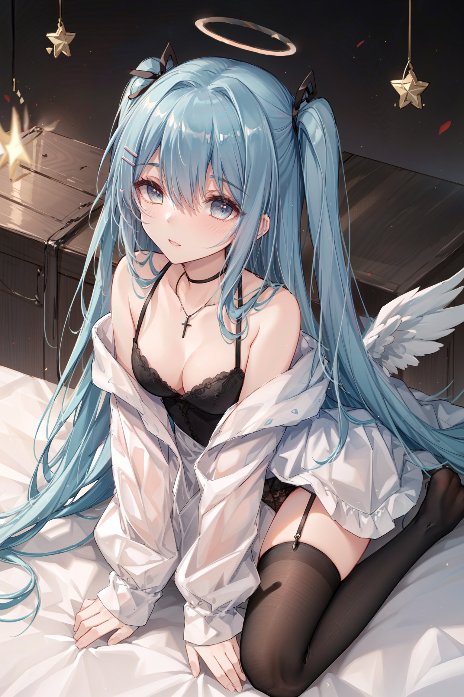 1girl, virtual youtuber, solo, amane kanata, long hair, thighhighs, underwear, breasts, panties, looking at viewer, wings, blue eyes, halo, single thighhigh, hair ornament, cleavage, side-tie panties, official alternate hair length, blue hair, official alternate hairstyle, grey hair, blush, heart, bangs, parted lips, jacket, blue thighhighs, bare shoulders, long sleeves, blue panties, very long hair, necklace, hairclip, star halo, angel wings, white jacket, heart pillow, two side up, jewelry, all fours, off shoulder, pillow, small breasts, multicolored hair, star (symbol), white wings, slender legs,