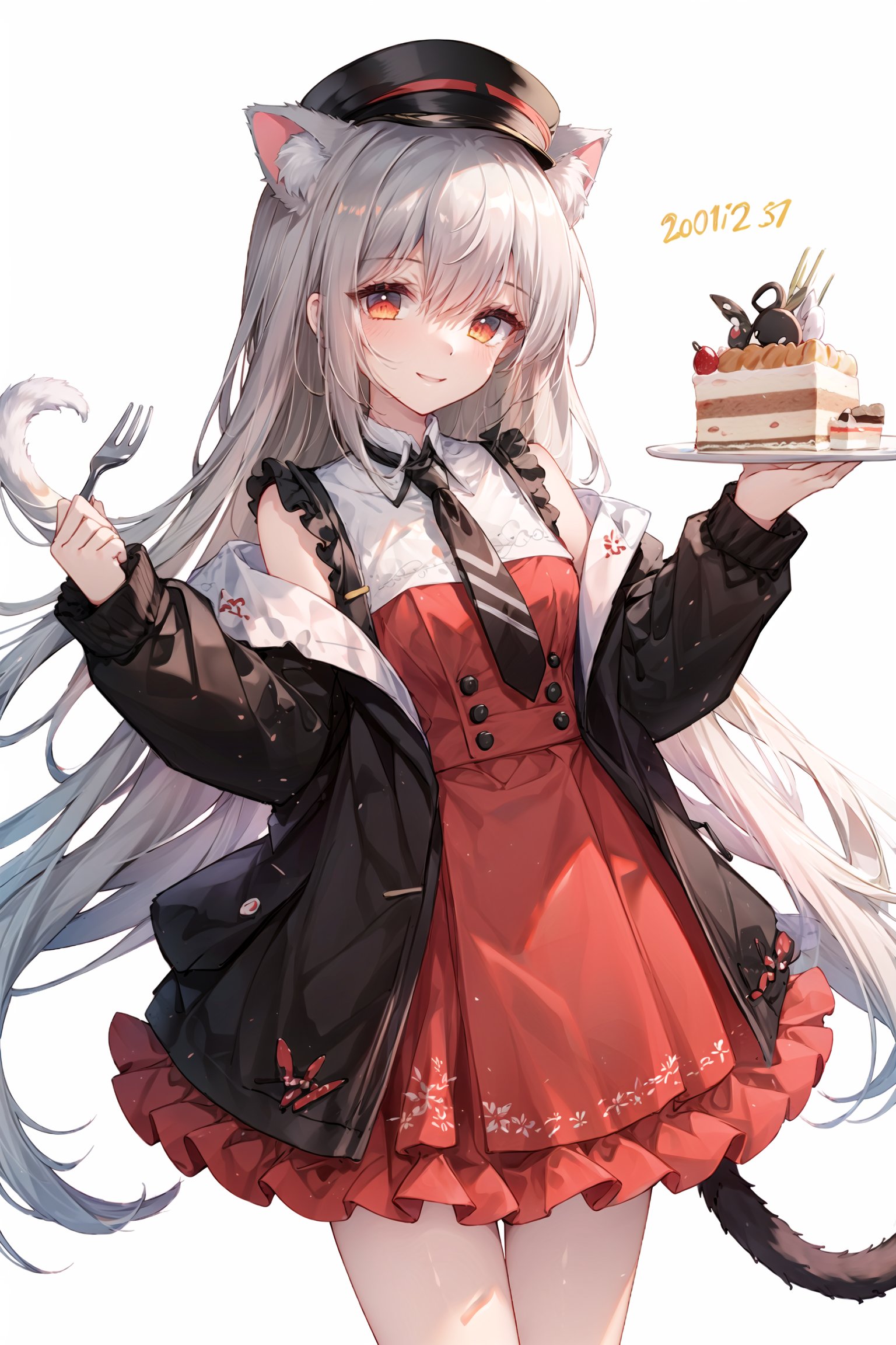 1girl, food, solo, animal ears, tail, cake, holding, smile, long hair, hat, red eyes, cat tail, looking at viewer, black headwear, cat ears, streaked hair, braid, fork, multicolored hair, white hair, happy birthday, cat girl, bag, holding fork, tail ornament, plate, red hair, bangs, red nails, white background, grin, nail polish, long sleeves, ears through headwear, skirt, holding plate, dated,slender legs, 